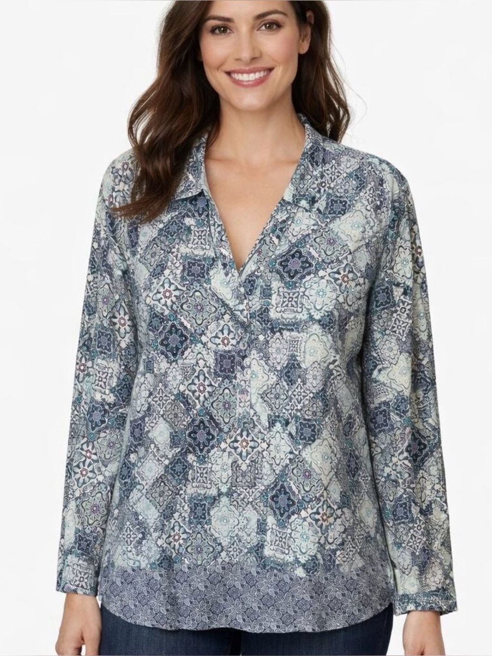 J. Jill Medallion Border Tunic Womens XL Blue Purple Long Sleeve Button Top